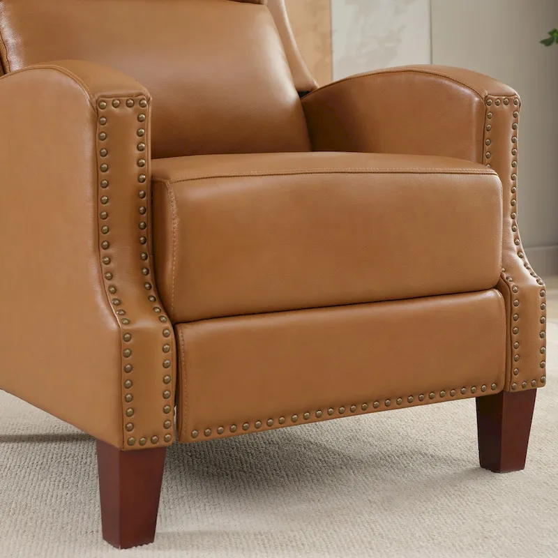 Genuine Leather Pushback Recliner with Multi-Angle Seat Back and Solid Wood Legs