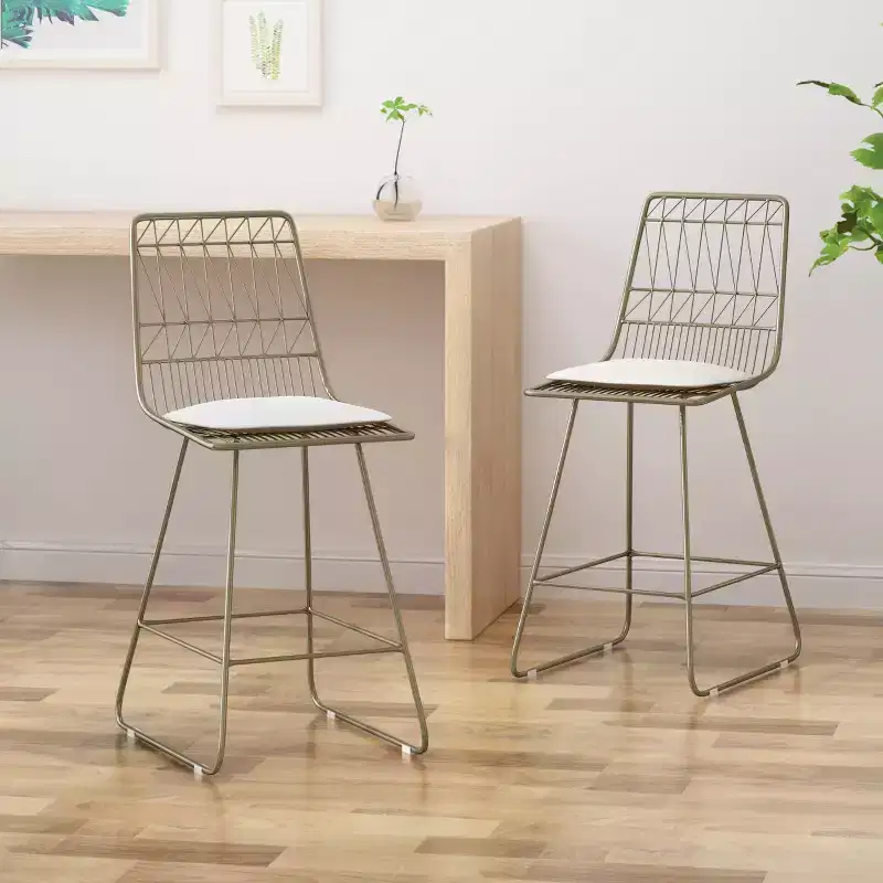 Okak Outdoor Counter Height Bar Stools with Water Resistant Cushions Set of 2, Woven Wire Metal Bar Stools, Modern Accent Chairs