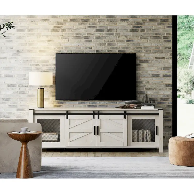 TV Stand 70 Sliding Barn Door Entertainment Center Rustic 2 Doors Adjustable Shelf 154 LBS