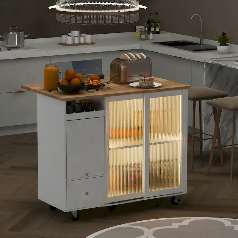 Kitchen Island with Drop Leaf,LED Light Kitchen Cart on Wheels