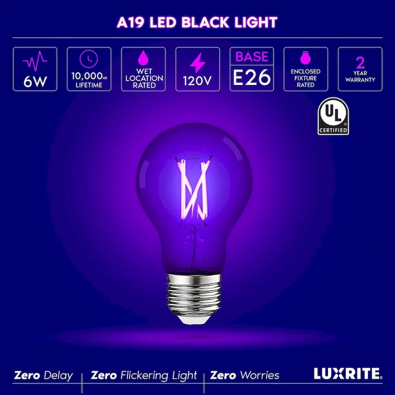 Luxrite A19 Edison UV LED Black Light Bulb, 6W Filament Blacklight Bulb, UVA 397-407nm, Enclosed Fixture Rated, E26...