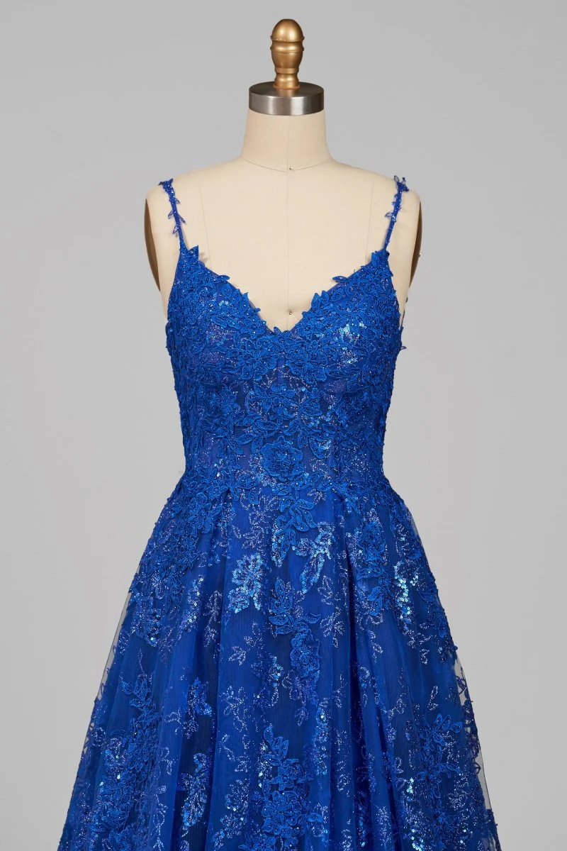 Royal Blue - A-Line Sequined Lace V Neck Long Prom Dresses