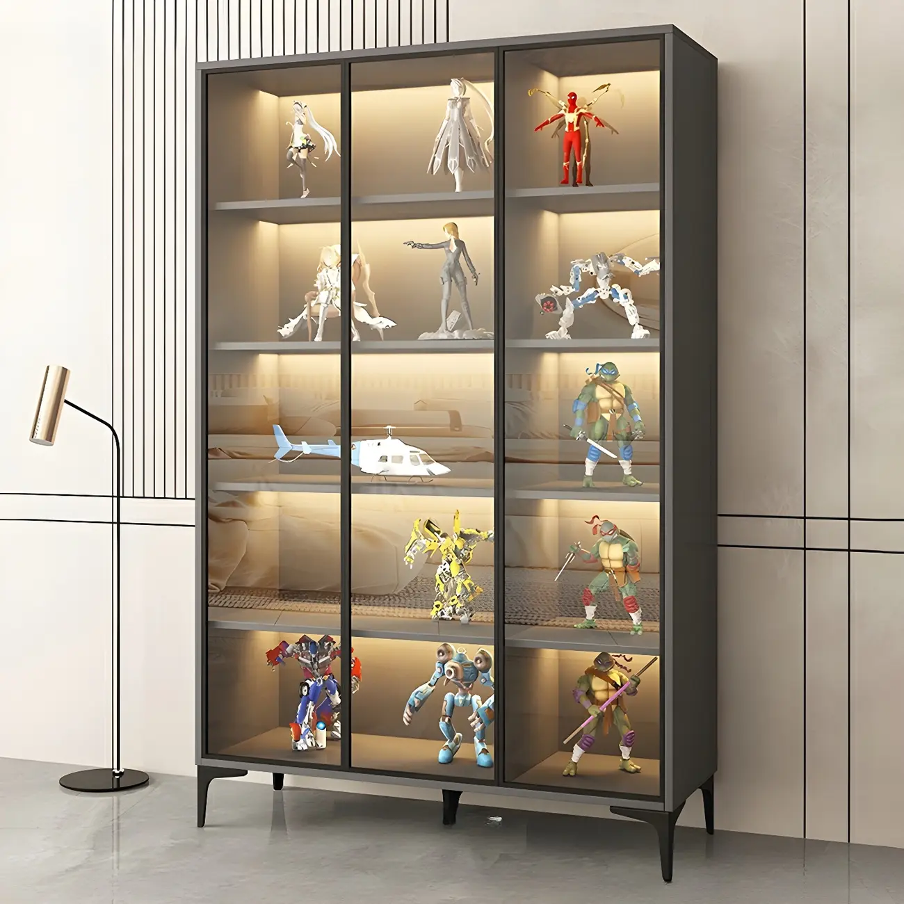 Freestanding Black Tempered Glass Wood Display Cabinet