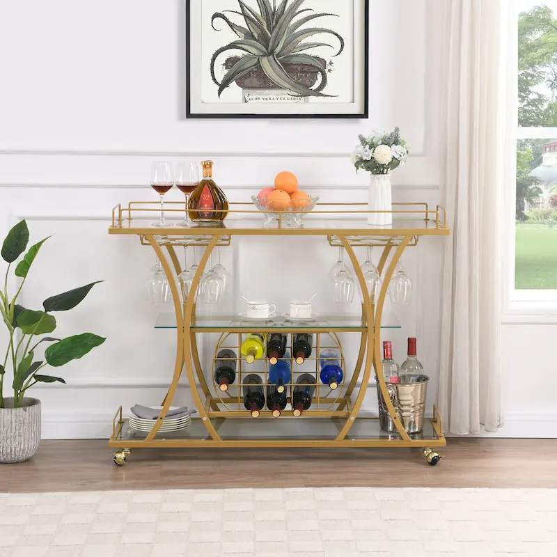 Bar Cart with Wine Rack Tempered Glass Metal Frame Wine Storage