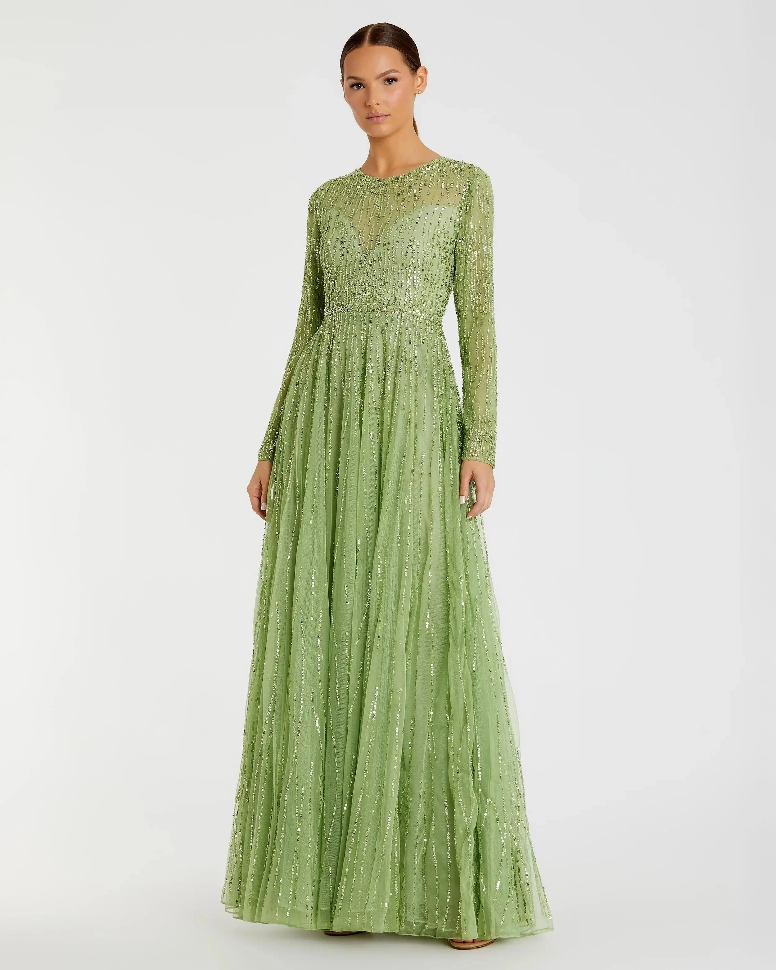 Sequined Illusion High Neck Long Sleeve Gown