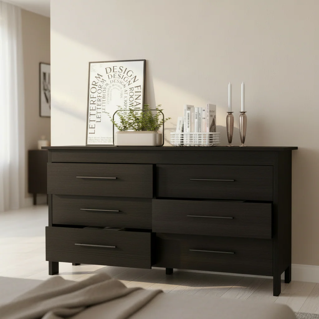 Black / White / Light Oak & White 6-Drawer Double Dresser with Metal Pulls & 4 Legs – 58.8