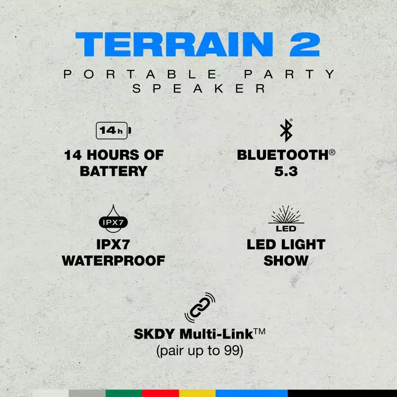 Skullcandy Terrain 2 Wireless Bluetooth Speaker, IPX7 Water Resistant, 14H Battery, Multi-Link, LED Light Show, Portable, Black