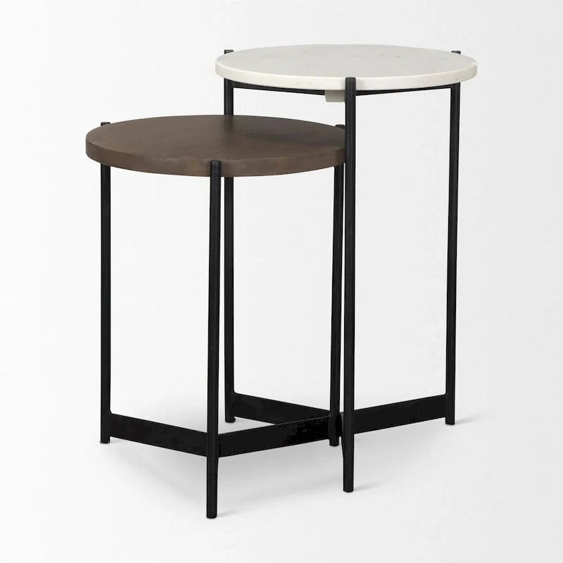 Marble & Dark Brown Wood Tabletop Nesting End/Side Tables