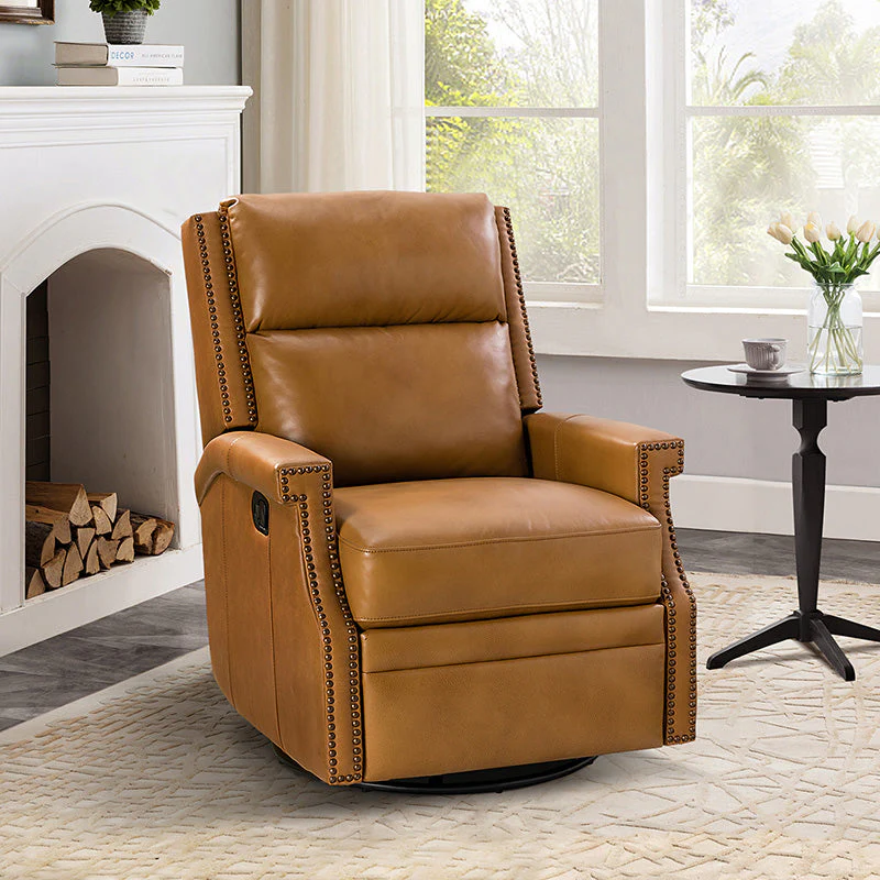 Genuine Leather Wingback Swivel Rocker Recliner with Brass Tacks & Manual 2-Position | Camel / Navy / Saddle / Brown / Sage / Dove / Beige / Turquoise / Burgundy | Single Seat