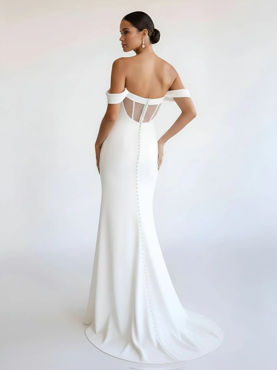Simple White Mermaid Off-the-Shoulder Boho Wedding Dress