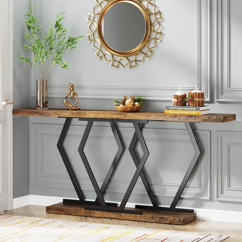 Faux Marble Console Table with Metal Legs, White/Gold, Grey/Black, Black/Gold, Brown/Black, Rectangular