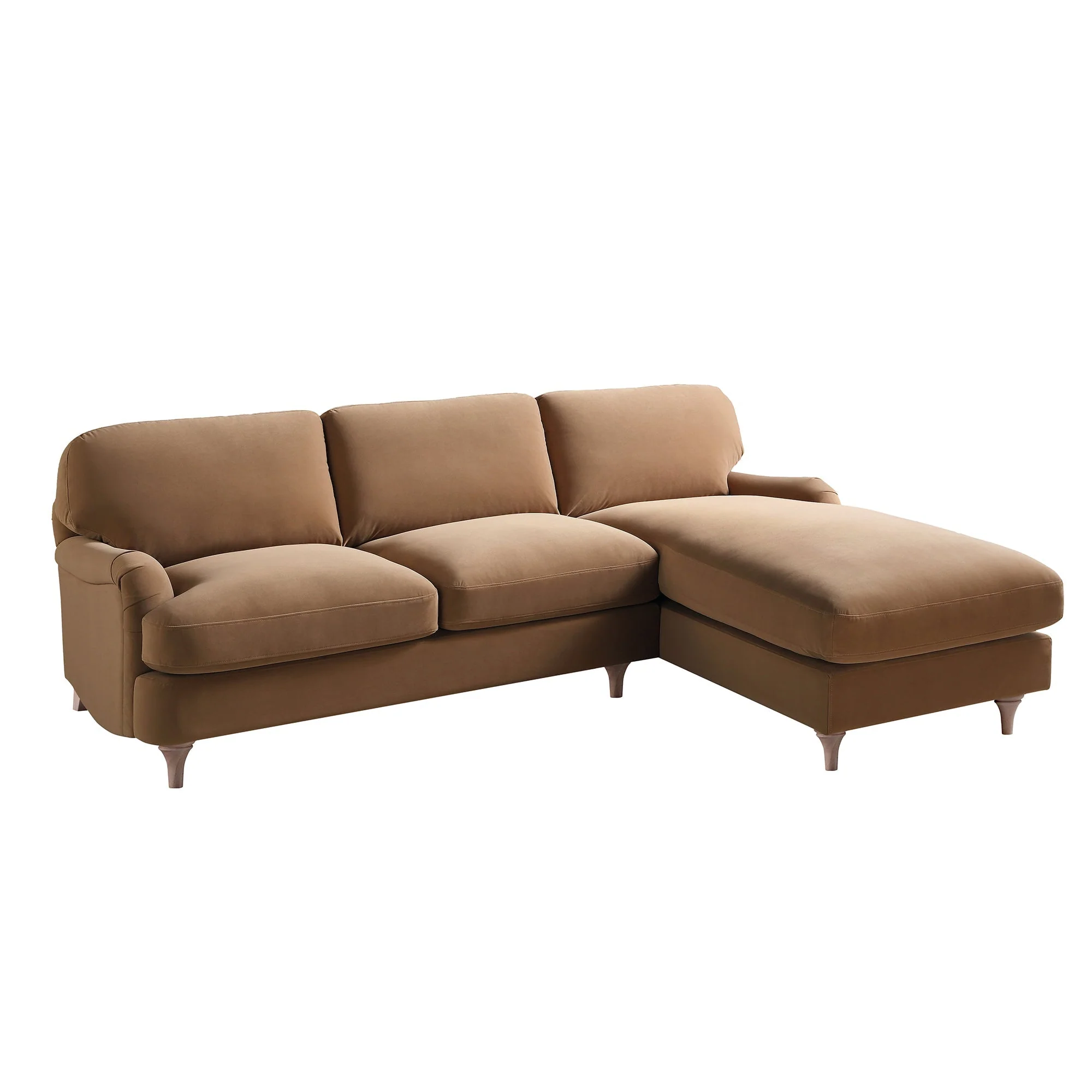 Camel Velvet Sofa, Grande Chaise Sofa Right Hand Facing