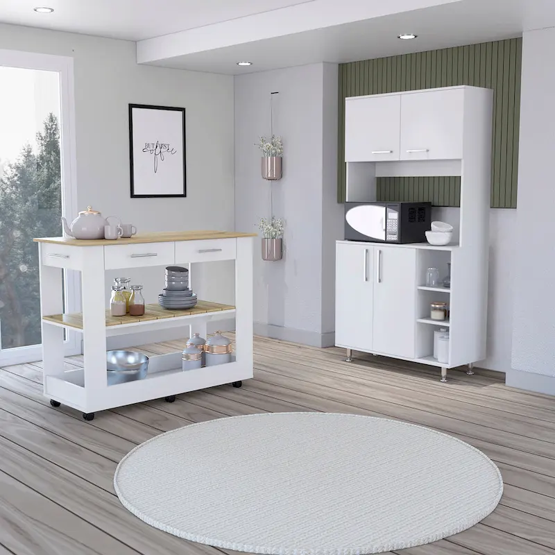 White & Light Oak 2-Piece Kitchen Set (Island + Pantry Cabinet), 1-Person Household