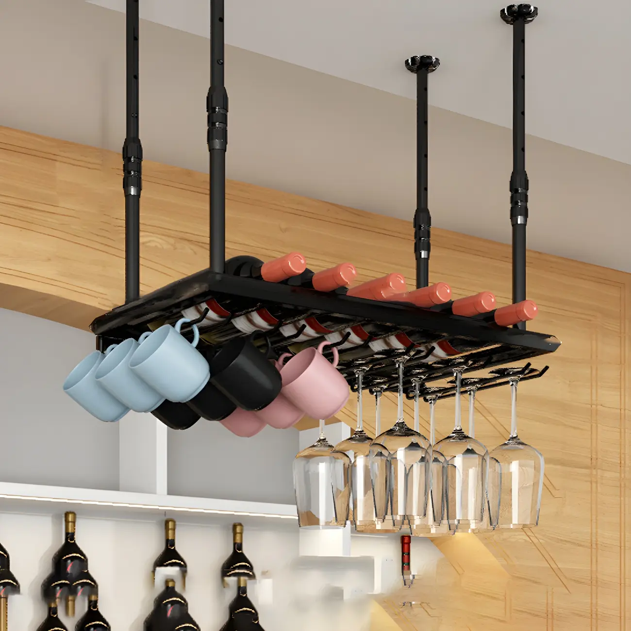 Industrial Metal Hanging Wine Rack with Glass Holder