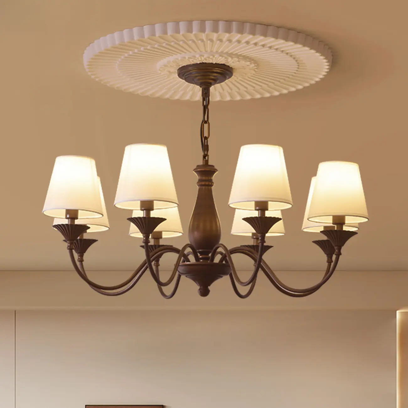 Traditional Brown Metal Fabric Barrel 8 Lights Chandelier