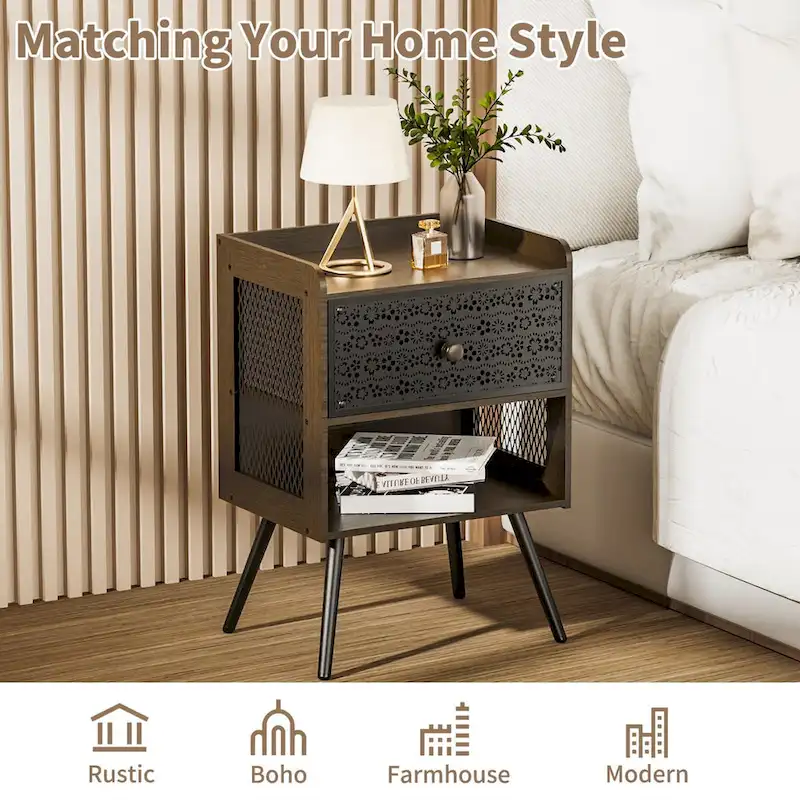 Wooden Nightstand with Metal Legs