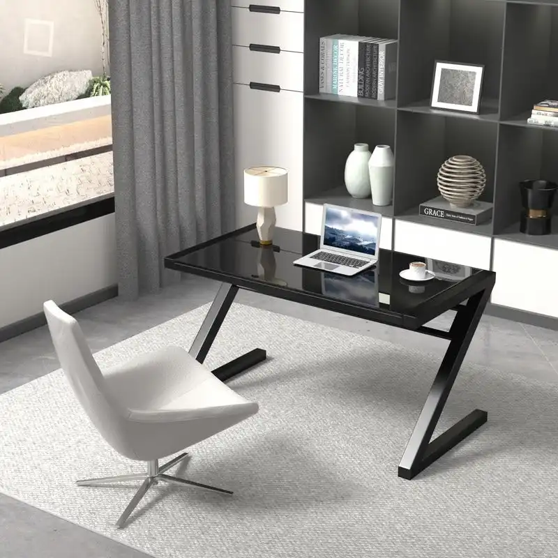 Professional Z-Leg Tempered Glass Gaming and Study Desk with Built-In USB Cable