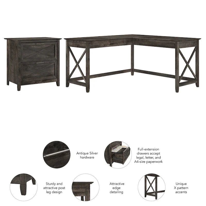 60W L Desk with 2 Drawer File Cabinet