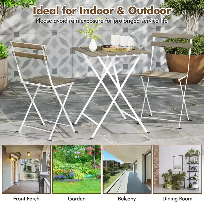 Costway 3 PCS Patio Acacia Wood Bistro Set Bistro Table with 2 Folding Chairs Slatted Seat Brown/Gray
