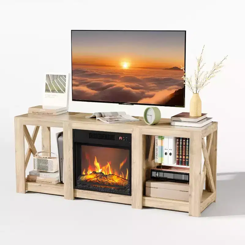 VINGLI Fireplace TV Stand for up to 70 inch TVs, Farmhouse Entertainment Center with Electric Fireplace Heater & Adjustable Shelves
