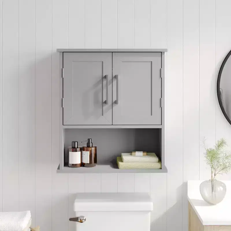 Flash Furniture Vega Wall Mounted Bathroom Medicine Cabinet Storage Organizer with Magnetic Closure Doors, Adjustable Shelf, and Lower Open Shelf