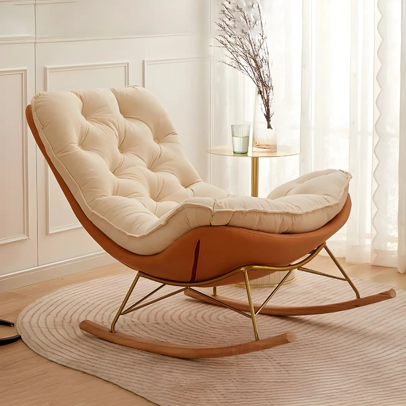 Oversized Modern Tufted Rocking Chair in Orange/White