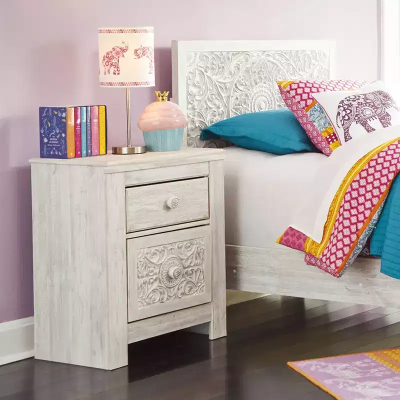 Paxberry Two Drawer Nightstand White Wash - Signature Design by Ashley: Traditional Storage, USB Ports, Wood Frame