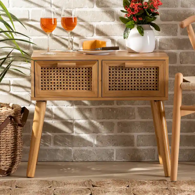 Oak Brown Mid-Century 2-Drawer Rattan Console Table, Single