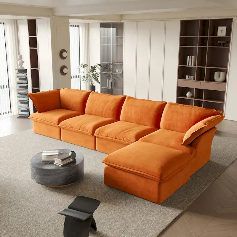 Orange/Red/Green/Blue Velvet L-Shape Sectional Sofa with Ottoman, 4-Seat