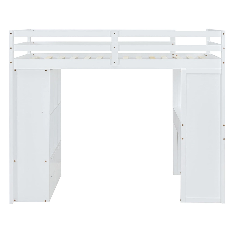 White Full Size Solid Wood Loft Bed with large shelves, writing desk and LED Light for Bedroom