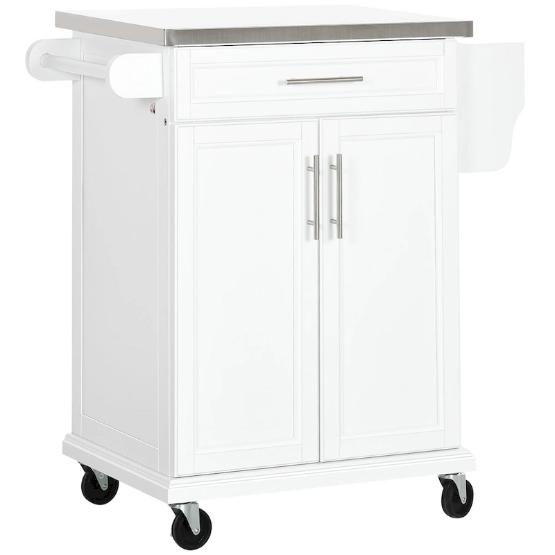 Kitchen Island on Wheels, Rolling Kitchen Cart with Stainless Steel Countertop, Drawer, Towel Rack and Spice Rack