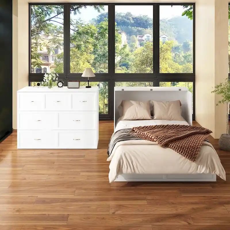 Convertible Cabinet Bed with 2 Drawers – White, Full Size, Sleeps 2