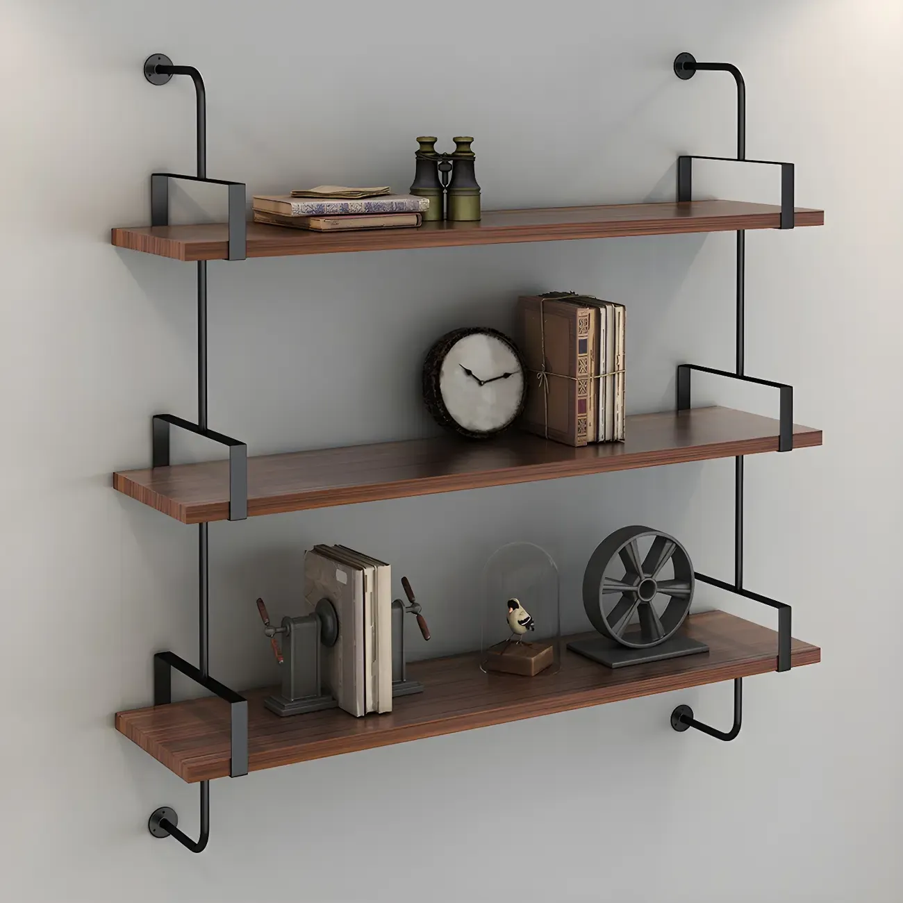 Industrial Wide 3-Tier Wooden Floating Bookcase