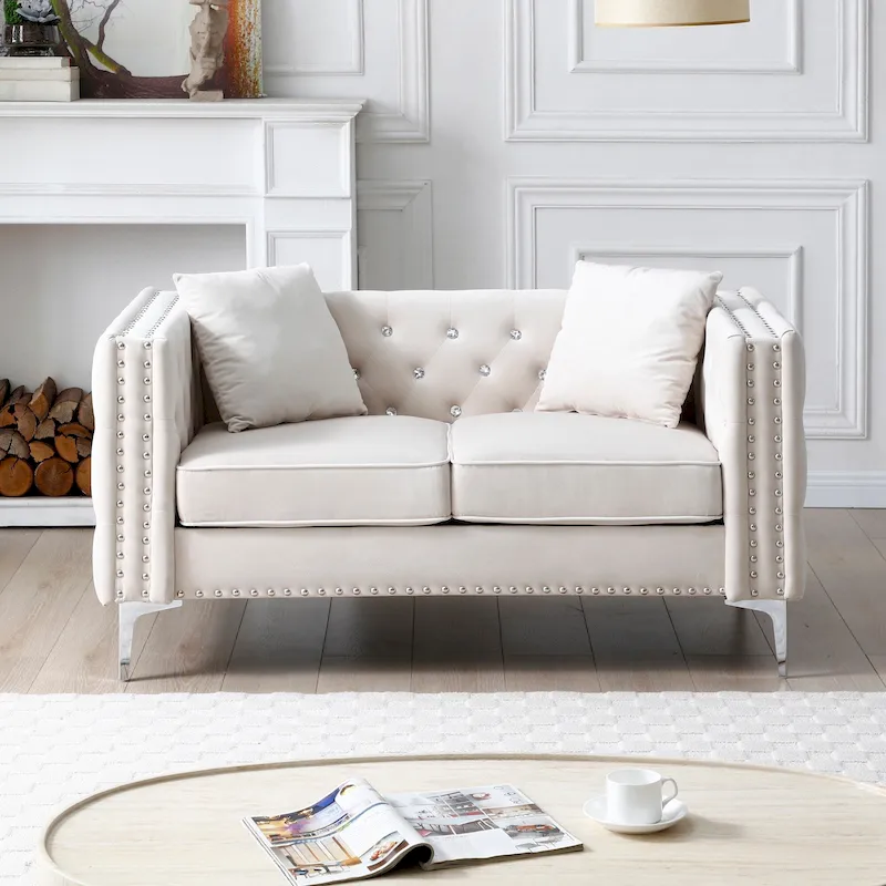 Square Arm Velvet Loveseat with Jeweled buttons and 2 Pillows