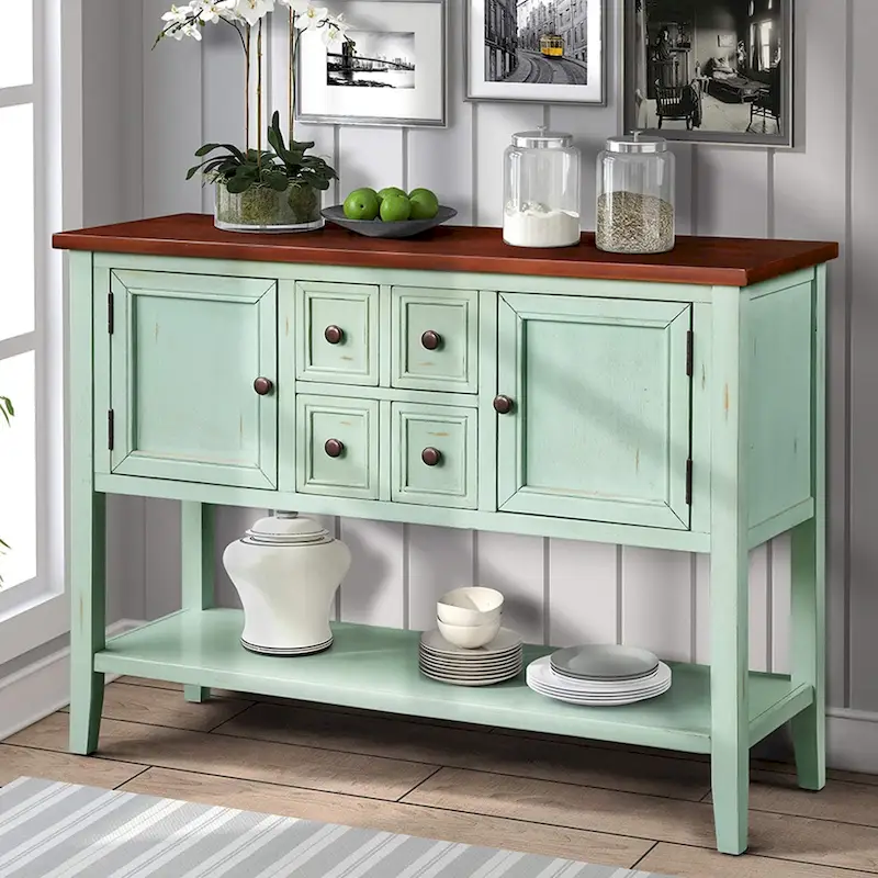Console Table, 4 Drawers, 2 Cabinets, Bottom Shelf, Tapered Legs, Pine & MDF, Retro Blue / Navy / White / Espresso / Grey, 1-Person Use