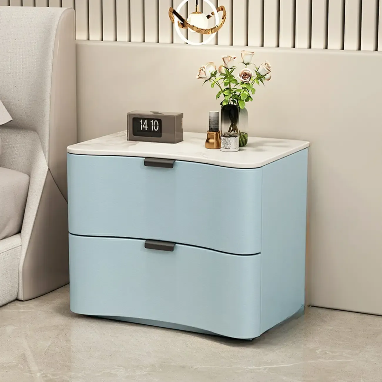 Modern Waved Stone Top Leather 2-Drawer Nightstand