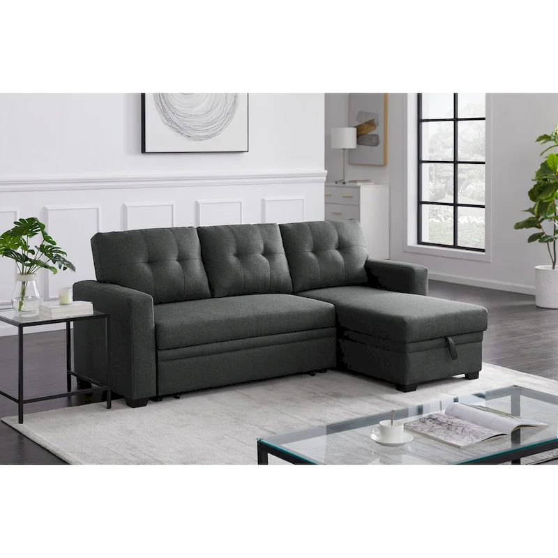 Upholstered Pull Out Sectional Sofa with Chaise - 82W x 53D x 34.5H