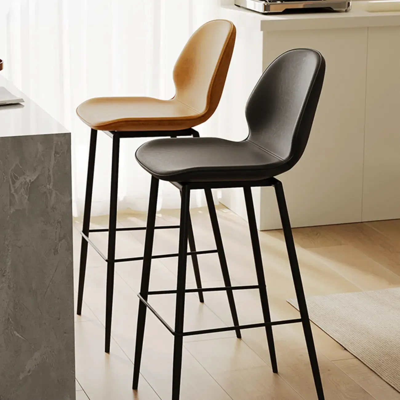 Saddle Orange Low Back Leather Bar Stools