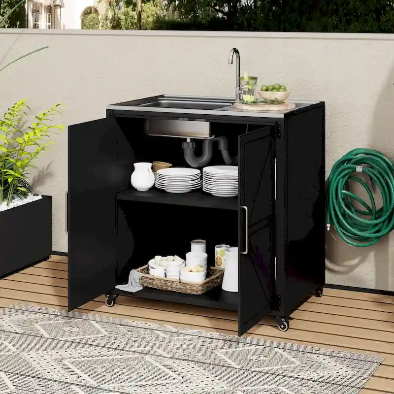 Outdoor Movable Kitchen Sink Patio Modular Kitchen Sink Station with Cabinet