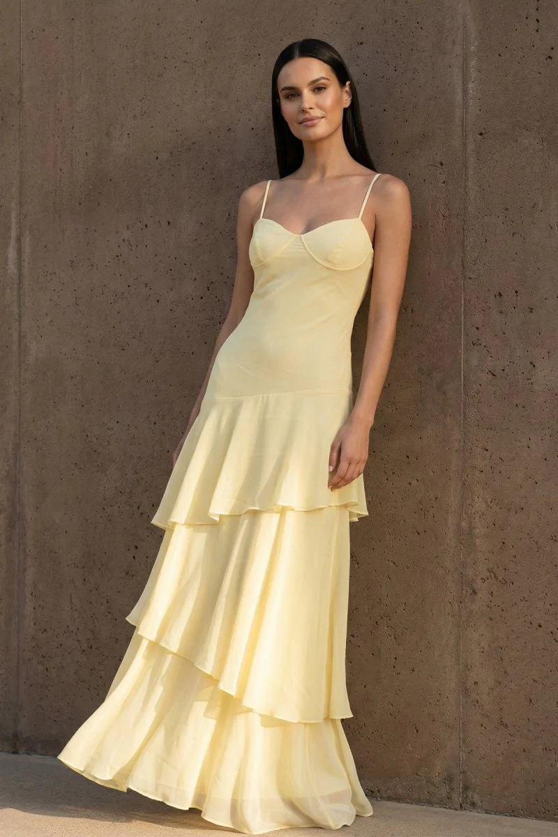 Yellow Spaghetti Straps Chiffon Sheath Long Formal Prom Dresses With Ruffles