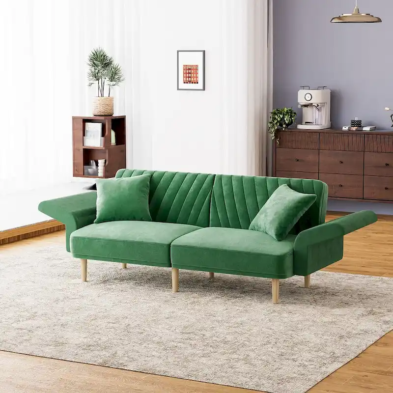 Ouyessir Upholstered Tufted Convertible Futon Sofa Bed with Foldable Armrest