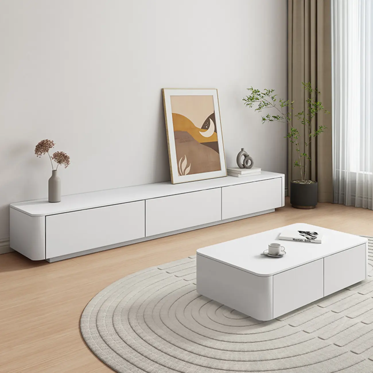 Modern White Wooden Long TV Stand with Drawers