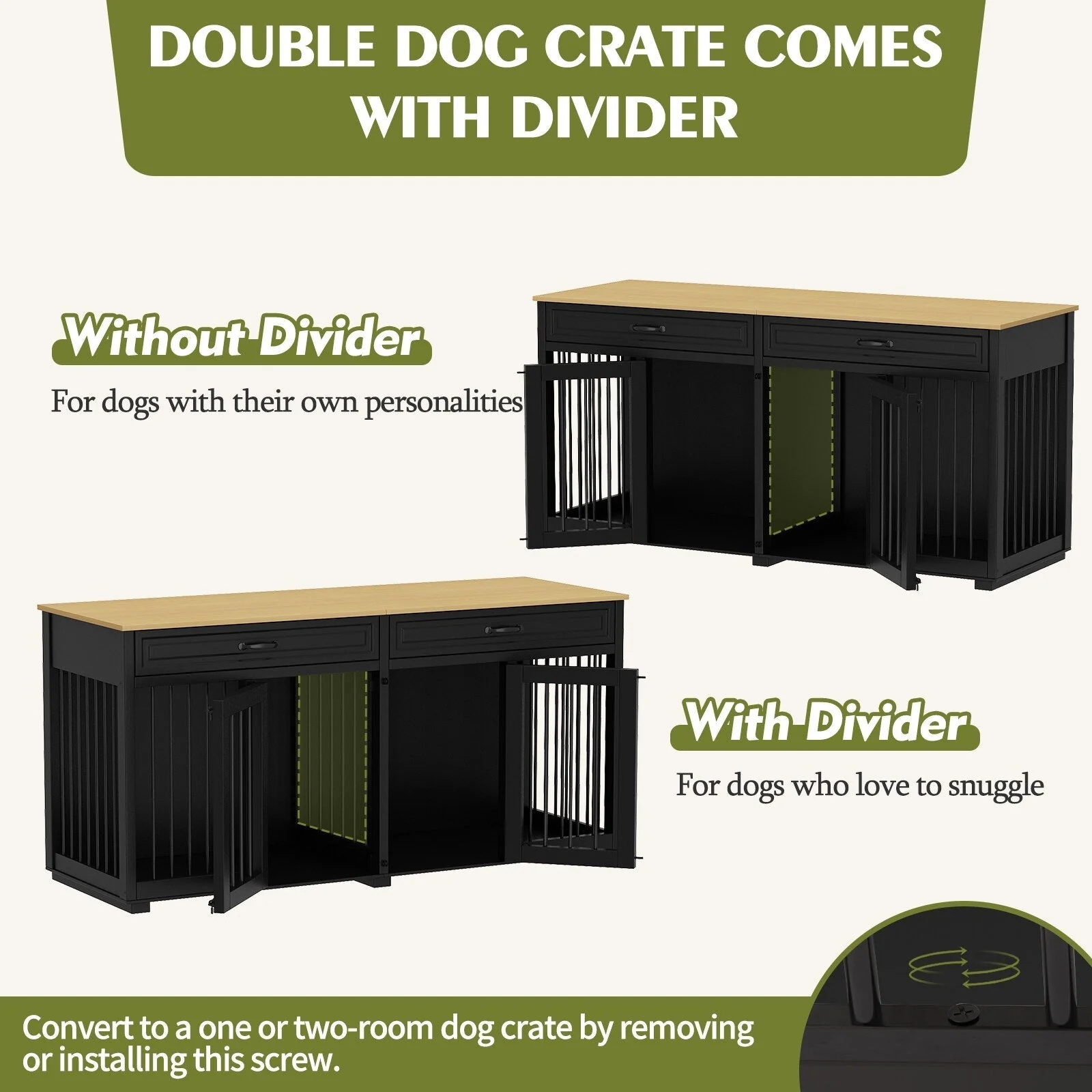 Wooden Double Dog Crate Kennel Furniture with 2 Drawers & Divider