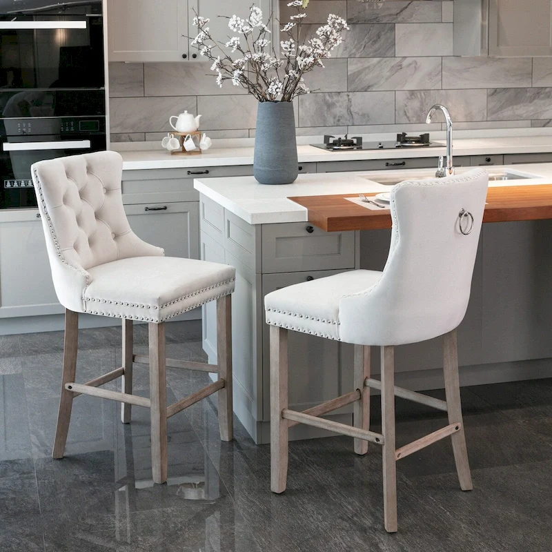 Velvet Upholstered Barstools with Button Tufted Decoration and Wooden Legs, and Chrome Nailhead Trim, Leisure Style Bar Chairs