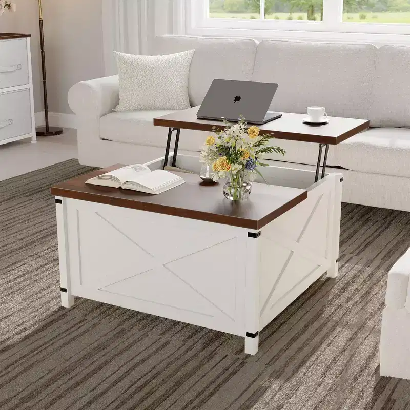 GustoWave 28 Square Lift Top Coffee Table, Farmhouse Style with Hidden Storage and Open Shelf for Living Room or Office - White
