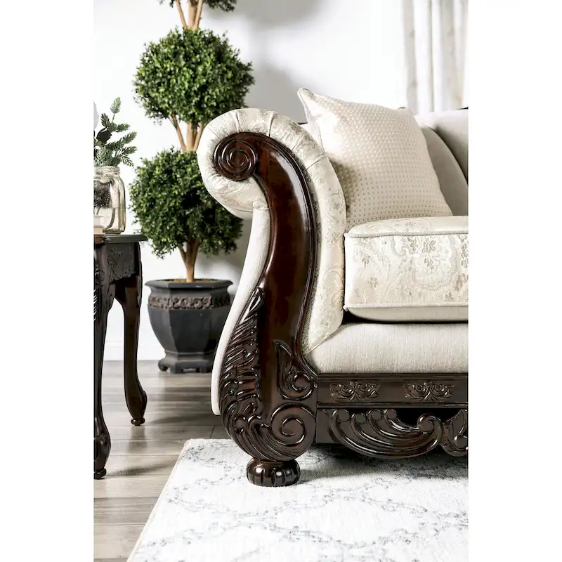 Ivory & Brown Traditional Chenille Sofa, Seats 3