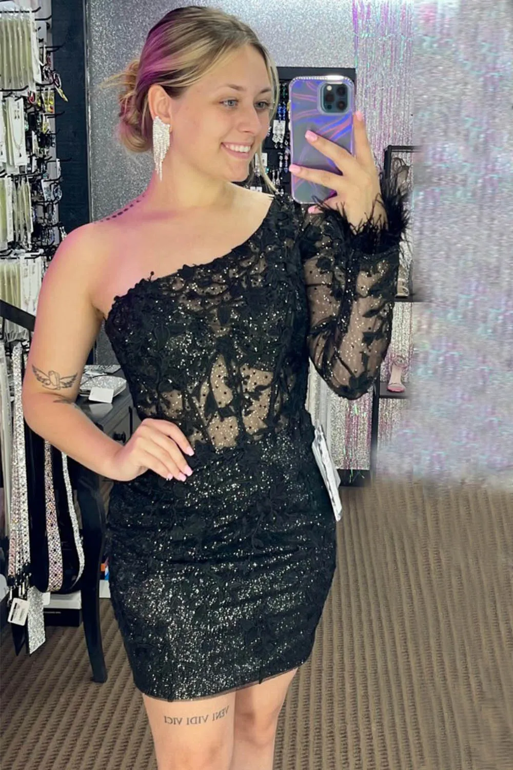 One Shoulder Hot Pink Long Sleeve Appliques Sheath Homecoming Dress