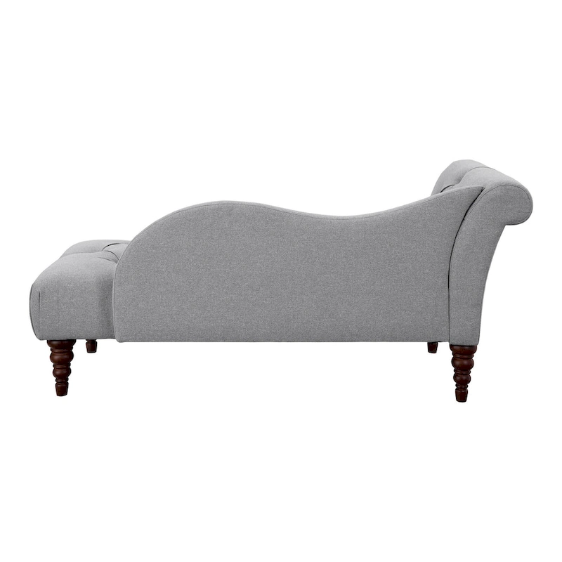 Selena 66 Inch Chaise Lounger, Tufted Gray Polyester, Brown Solid Wood