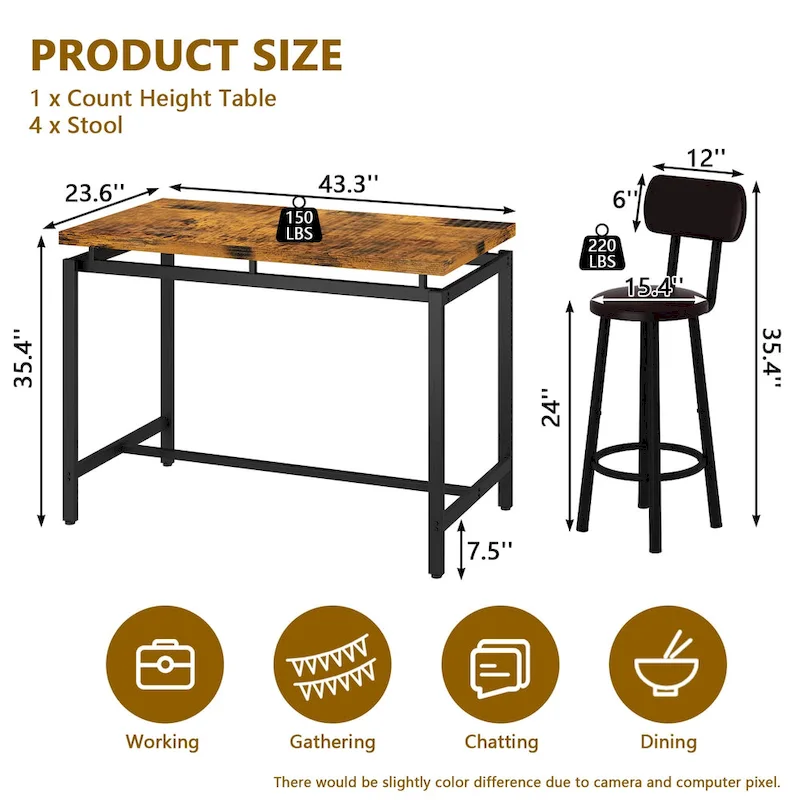 Mieres Industrial Style Rustic 5 Pieces Dining Table Set, Counter Height Dining Table with 4 Upholstered Bar Chairs