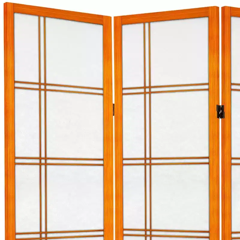 6 ft. Tall Canvas Double Cross Room Divider - Honey (4 Panels): Oriental Furniture Privacy Screen, Hardwood Frame